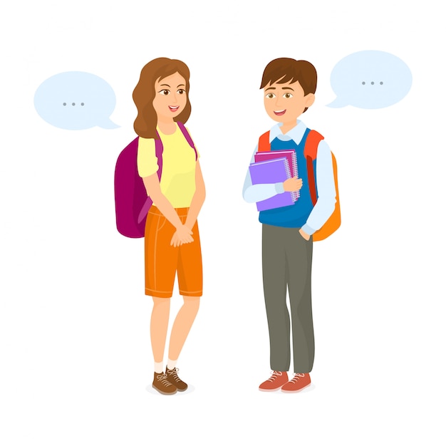 Couple students talking with dialog boxes Premium Vector