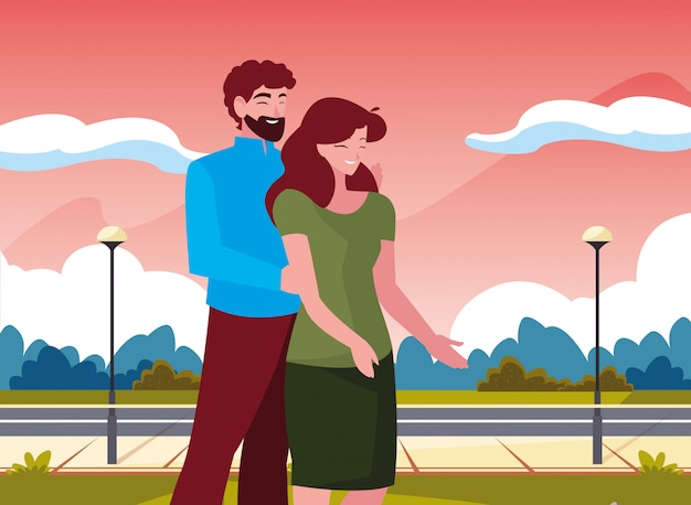 Couple together characters outdoors Premium Vector