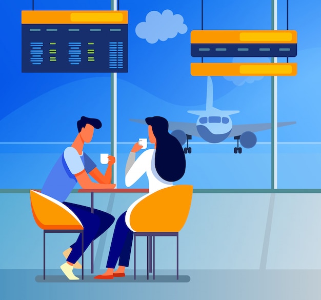 Free Vector | Couple of tourists drinking coffee in airport