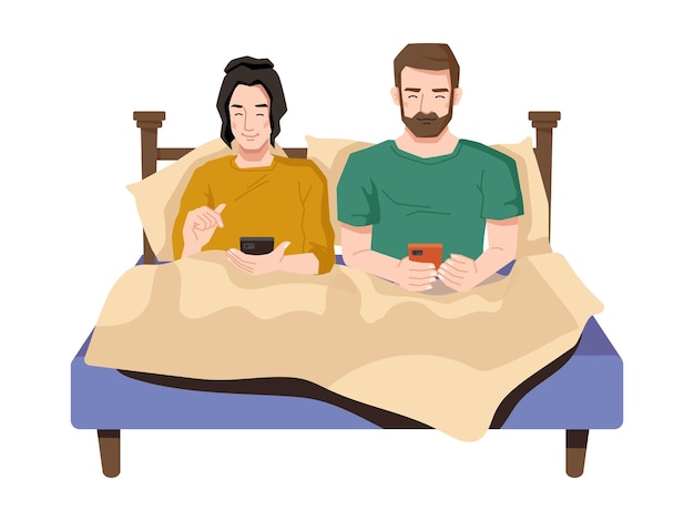 Premium Vector Couple Use Smartphone In Bed Internet Addiction Problem In Relationships Of Husband And Wife