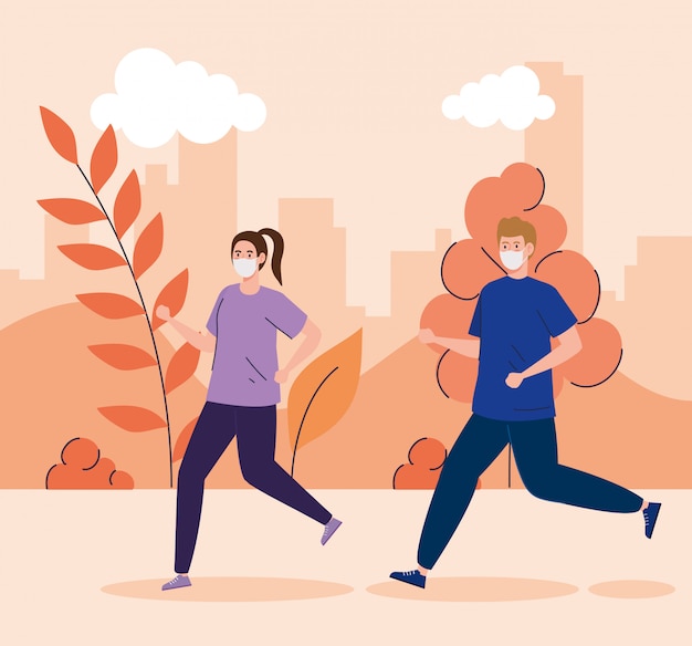 Free Vector | Couple using face mask running in landscape