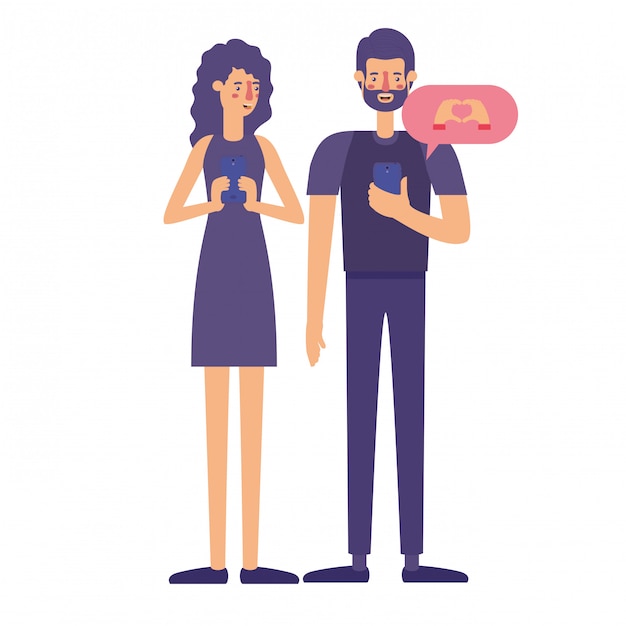 Couple using smartphone with speech bubble Premium Vector