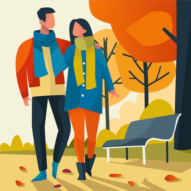 秋のイラストを歩くカップル 無料のベクター