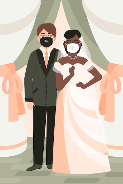 Download Couple wearing face masks at their wedding | Free Vector