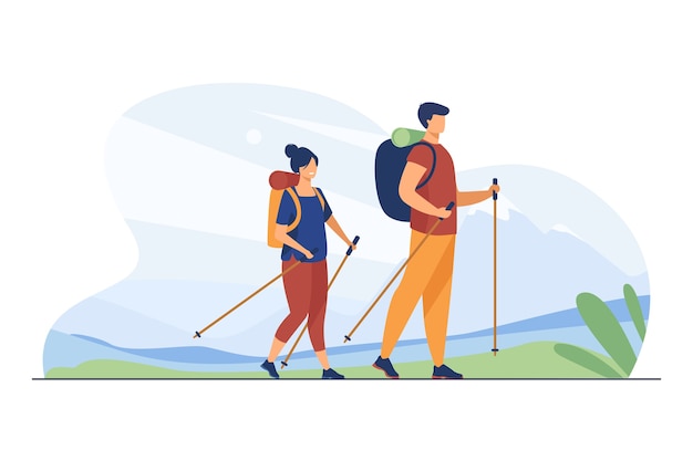 屋外を歩くバックパックとカップル 山のフラットベクトルイラストでハイキングノルディックポールを持つ観光客 休暇 旅行 トレッキングの概念 無料のベクター