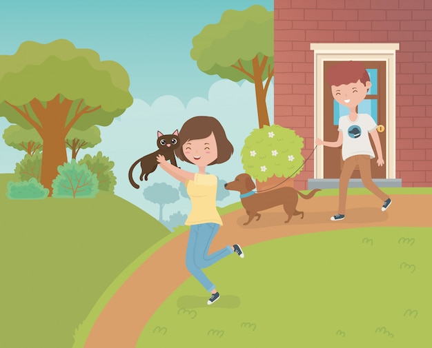 Premium Vector | Couple with cute little cat and dog in the house garden