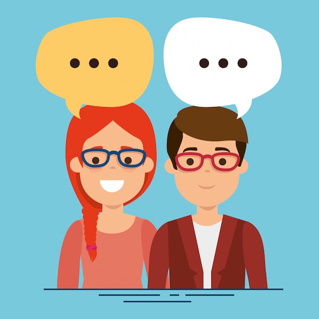 Couple with speech bubbles characters Free Vector