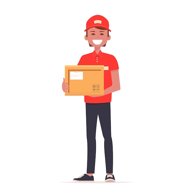 Premium Vector | A courier in red uniform with the parcel.