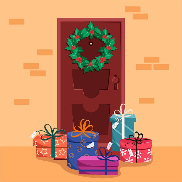 Premium Vector | Courier or santa leaved the presents at the front door.