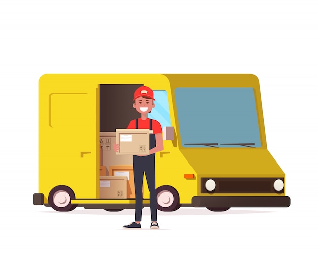 Premium Vector | Courier with parcel on the background of a delivery ...