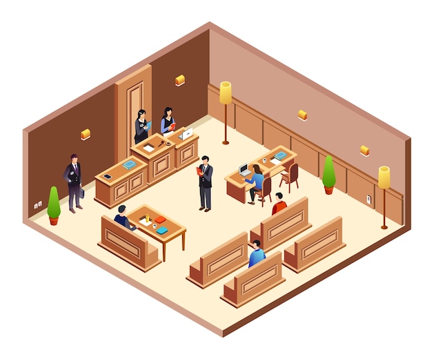 Court hearing cross section illustration. isometric courthouse hall