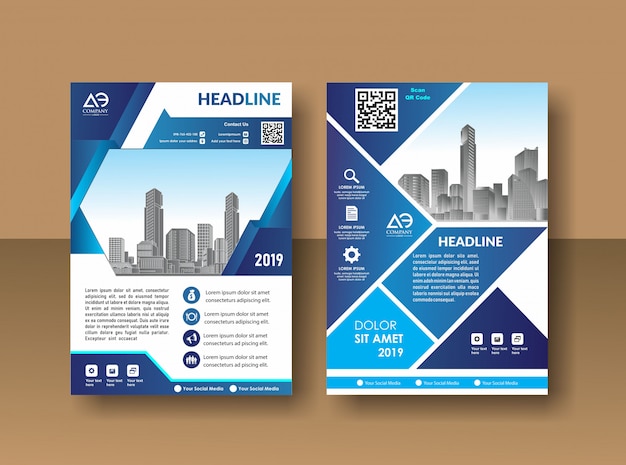Cover design annual report magazine flyer or booklet in a4 with blue geometric shapes Premium Vector