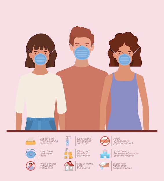 Covid 19流行病の症状と医療テーマイラストの19年のncovウイルス予防のタイピングデザインのマスクを持つ女性と男性 プレミアムベクター