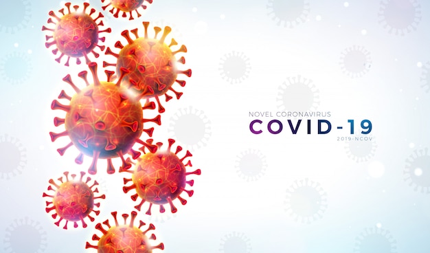 Covid19 明るい背景に落下するウイルスの細胞とタイポグラフィの文字によるコロナウイルス の発生のデザイン バナーの危険なsars流行テーマのベクトル19 Ncovコロナウイルスイラスト 無料のベクター