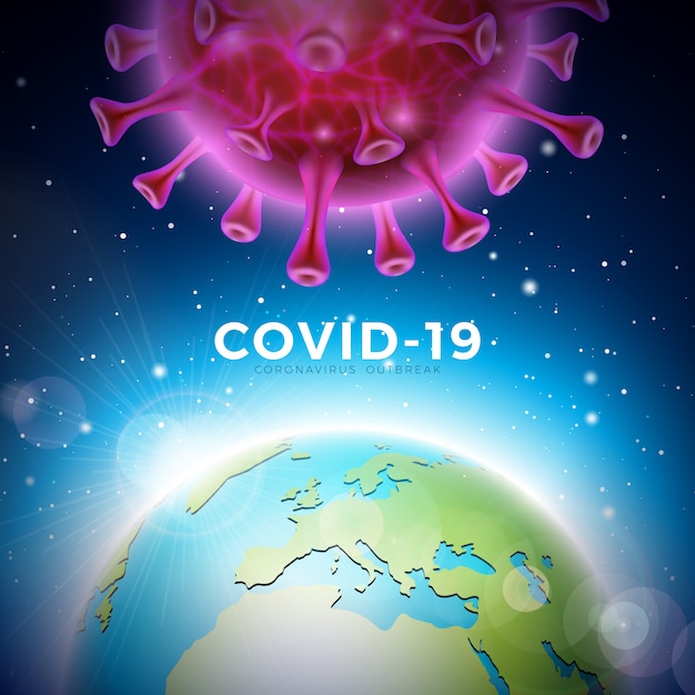 Covid 19 青色の背景にウイルス細胞と地球とコロナウイルスの発生設計 プロモーションバナーまたはチラシの危険なsars流行テーマのイラストテンプレート 無料のベクター