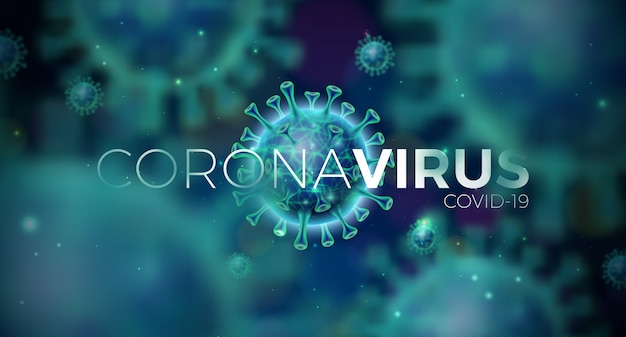 Covid 19 青色の背景の顕微鏡ビューでのウイルス細胞を用いたコロナウイルス発生設計 プロモーションバナーまたはチラシの危険なsars流行テーマの イラストテンプレート 無料のベクター