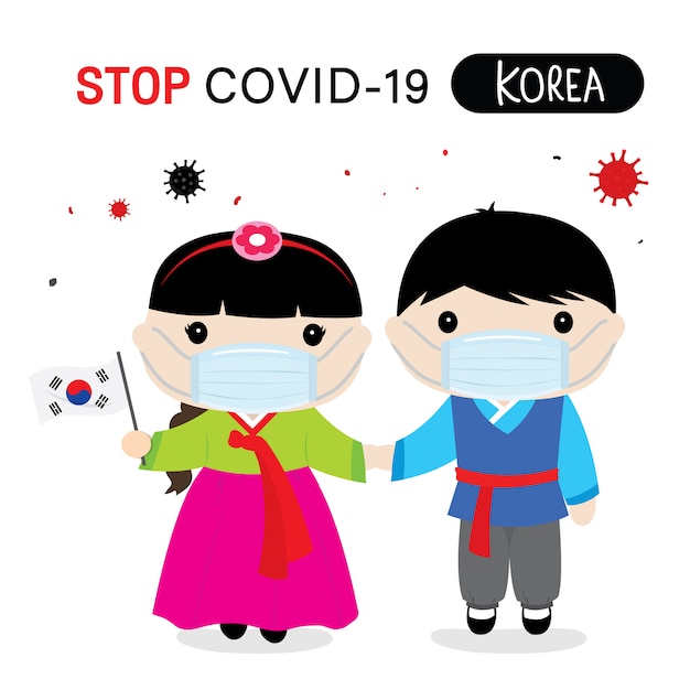 韓国人は Covid 19を保護および停止するために民族衣装とマスクを着用