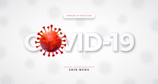 Covid19 明るい背景に落下するウイルスの細胞とタイポグラフィの文字