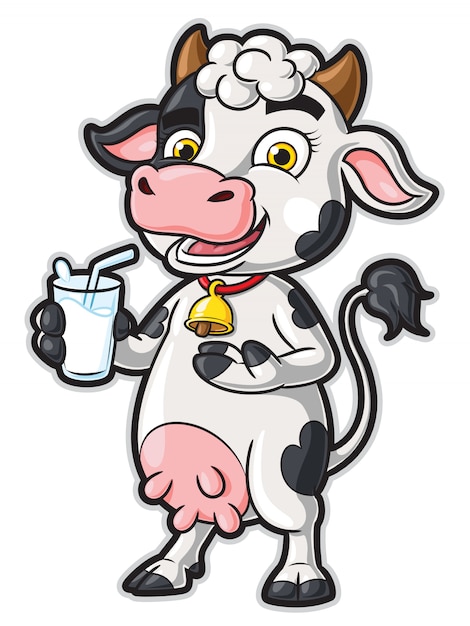 Premium Vector | Cow cartoon character holding a glass of milk