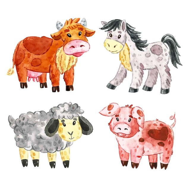 牛 馬 羊 豚 農場の家畜のクリップアート 一連の要素 水彩イラスト プレミアムベクター