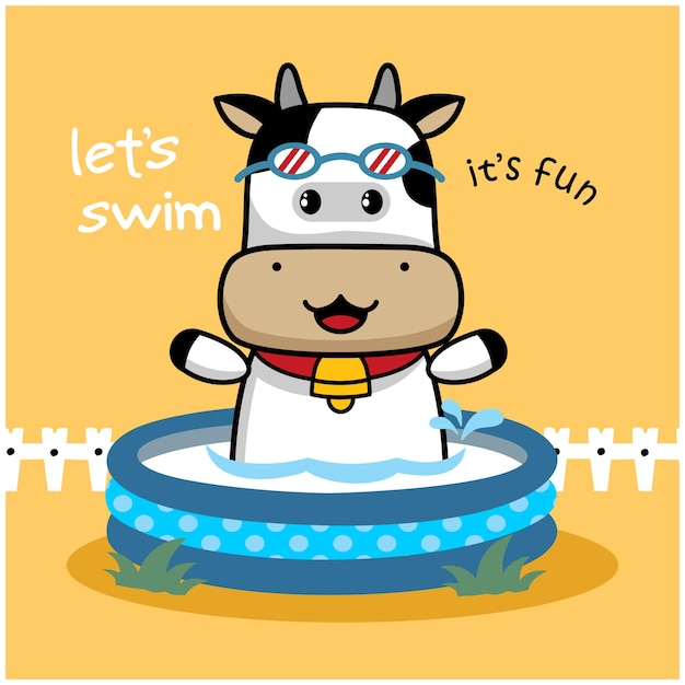 Premium Vector | Cow on the little swimming pool funny animal cartoon