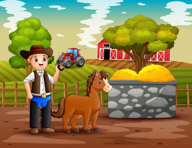 Premium Vector | A cowboy with his horse in the farm illustration