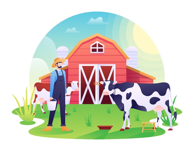 牛舎のイラスト 牧場または家畜の乳牛 牛 牛の農村 この図は ウェブサイト ランディングページ ウェブ アプリ バナーに使用できます プレミアムベクター