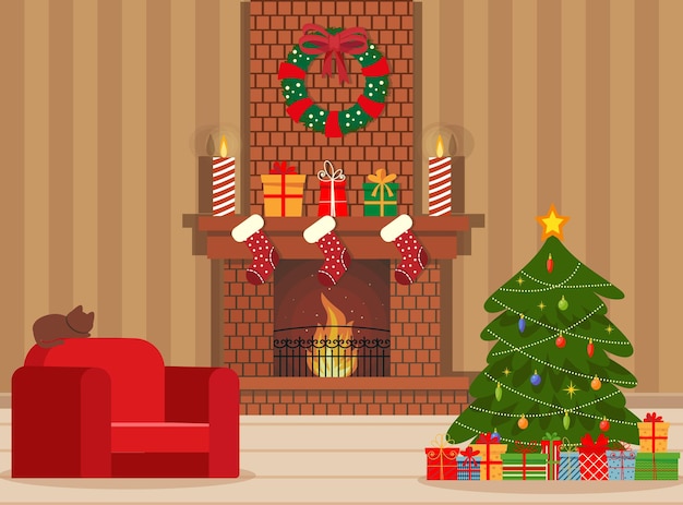 Premium Vector | Cozy living interior christmas with red sofa, gifts ...
