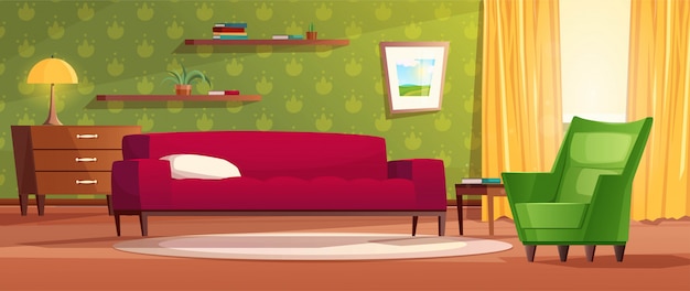 Premium Vector Cozy Living Room Interior In Cartoon Style Red Sofa Chest Of Drawers Window 