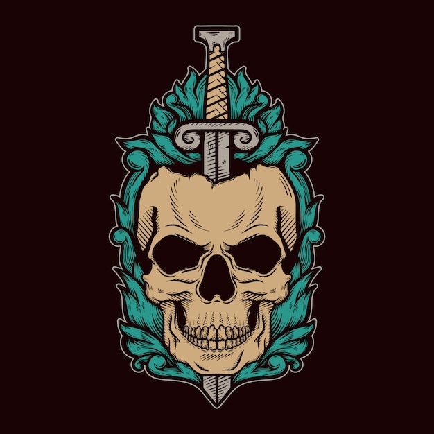 Premium Vector | Cracked skull head with sword and vintage baroque