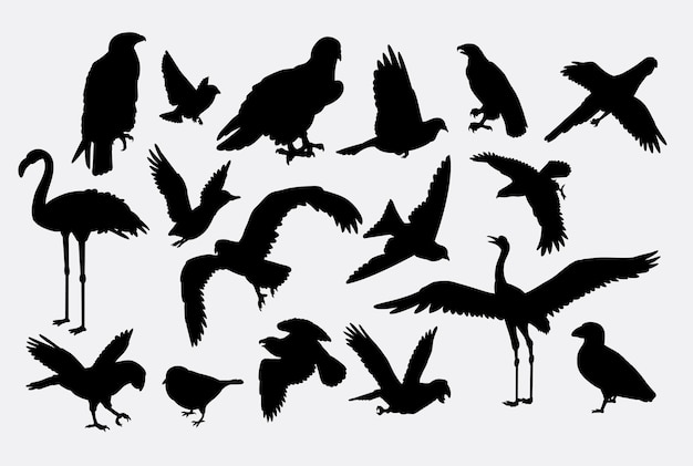 クレーンの鷹とイーグルの鳥の動物のシルエット プレミアムベクター