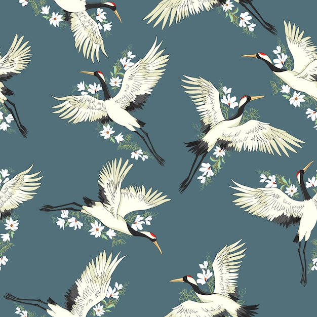 Premium Vector | Crane seamless pattern