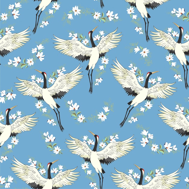 Premium Vector | Crane seamless pattern