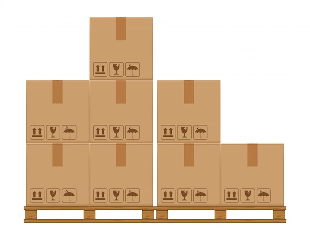 Download Premium Vector Crate Boxes On Wooded Pallet Cardboard Box In Factory Warehouse Storage