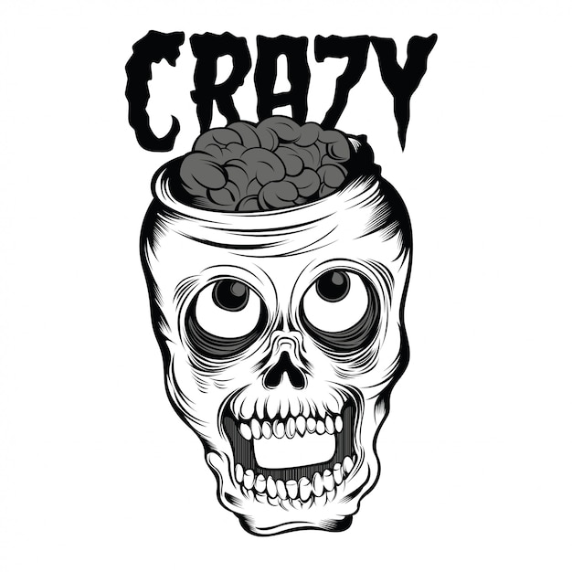 Crazy skull black and white illustration Vector Premium Download