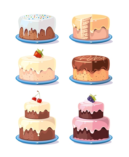 Cream cake tasty cakes vector set in cartoon style Premium Vector