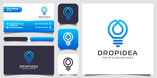 Creative bulb lamp and drop or water logo and business card design. idea creative light bulb and oil