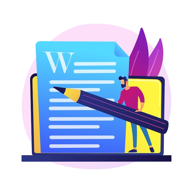Creative content writing. copywriting, blogging, internet marketing. article text editing and publishing. online documents. writer, editor character. Free Vector
