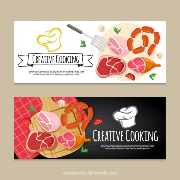 Creative cooking banners with variety of\
products