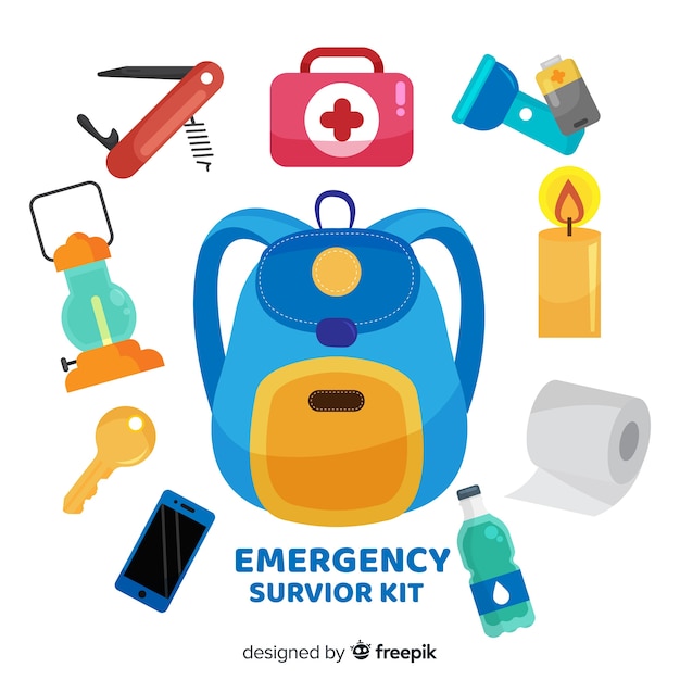 Creative emergency survival kit in flat style | Free Vector