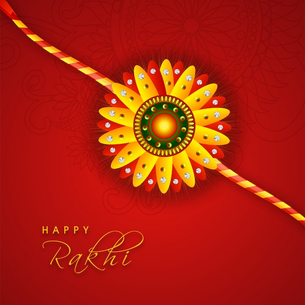 Creative Glowing Rakhi On Floral Design Decorated Red Background