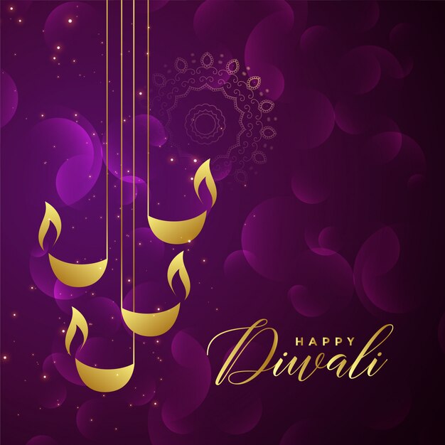 Creative golden diwali diya design on purple\
shiny background