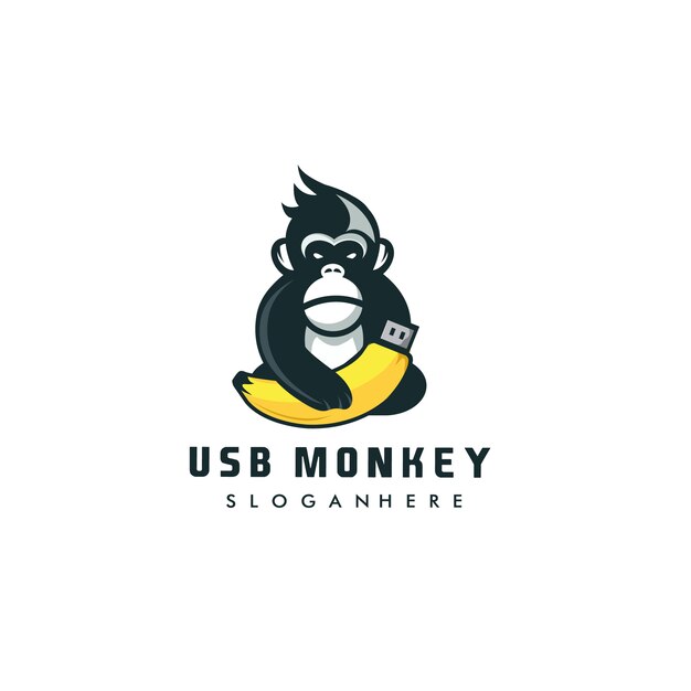 Creative gorilla holding usb banana logo design inspiration cartoon modern style Premium Vector