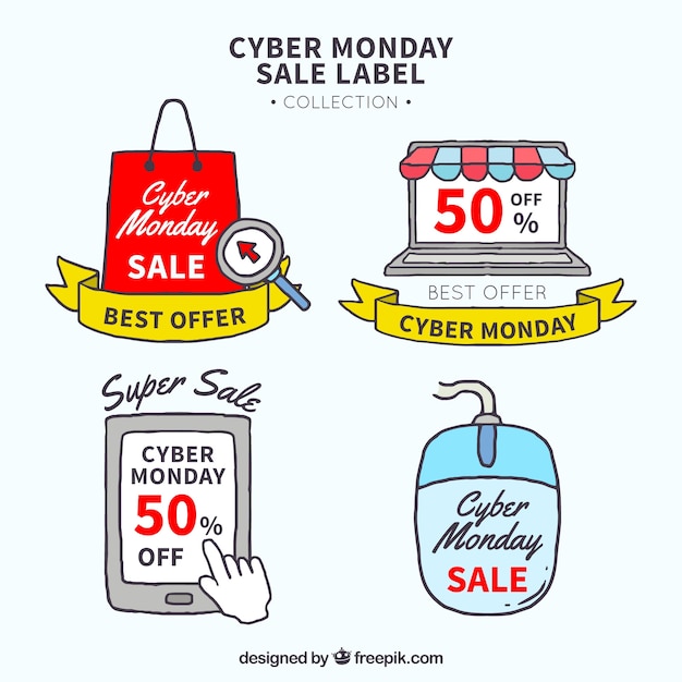 Creative hand drawn cyber monday labels Free Vector Creative hand drawn cyber monday labels Free Vector