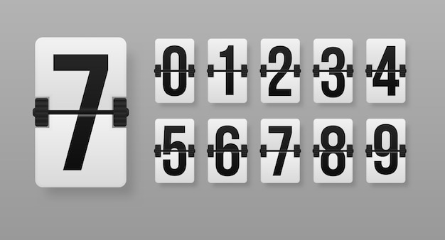 異なる番号を持つカウントダウンタイマーのクリエイティブイラスト 機械的なスコアボード上の数字のセット 時計カウンターアート カウントダウンタイマーカウンター時間 プレミアムベクター