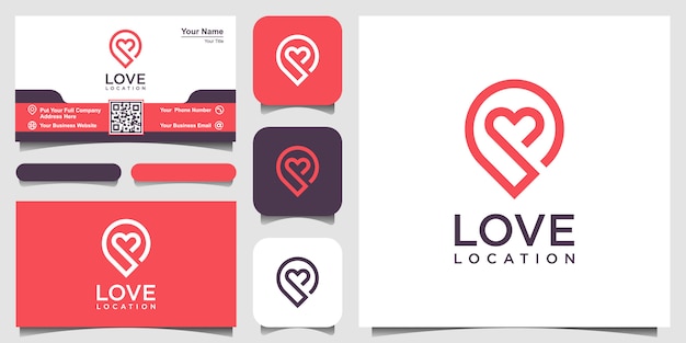 Creative love location logo with heart and map marker.   template and business card design Premium V