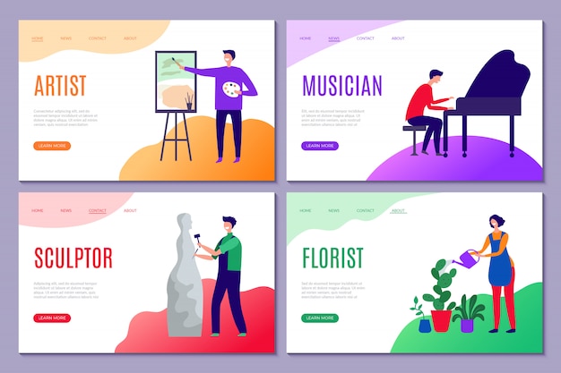 クリエイティブな職業の着陸 創造的な人物のアーティストの彫刻家がいるビジネスサイトのwebページは 俳優のスティラライズされたキャラクターを描きます プレミアムベクター