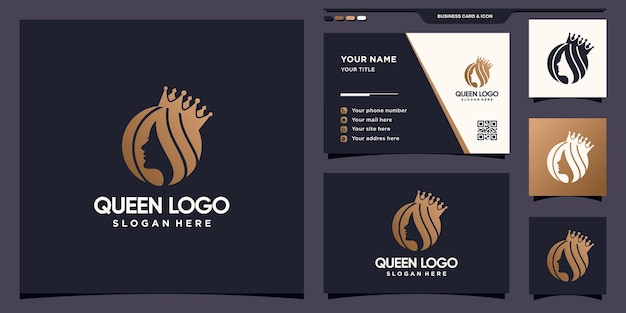 Creative queen logo template with negative space concept and business card design premium vector Pre