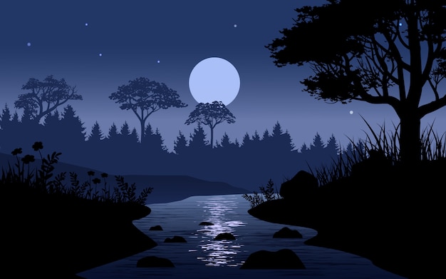 満月の森の夜イラストのクリーク プレミアムベクター