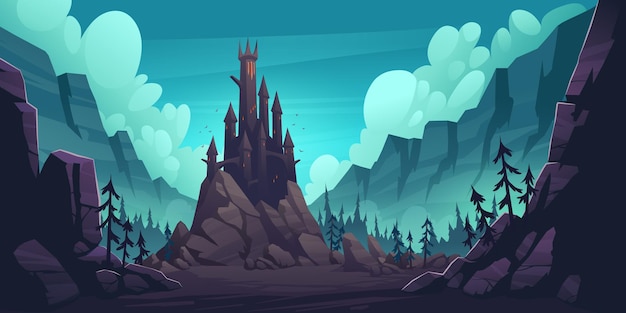 Free Vector | Creepy castle on rock at night, haunted gothic palace in